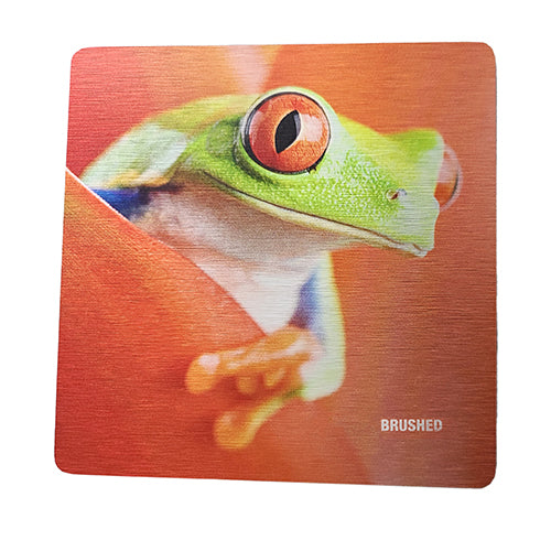 Colorful brushed metal print of a green tree frog with vibrant red eyes and a blurred background.