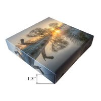 High-quality canvas prints with 1.5 inch stretch bars showcasing a scenic landscape at sunrise.