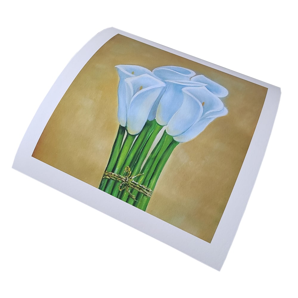 Fine art photo rag prints featuring a bouquet of blue calla lilies on a beige background.
